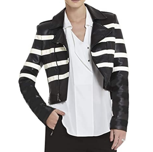 BCBG Max Azria Tess Stripped Leather Moto Jacket